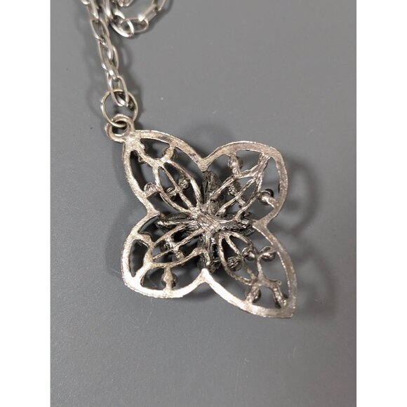 Vintage Silver Tone Open Metal Work Cross Flower Rhinestone Penant Necklace 26" - Picture 7 of 8